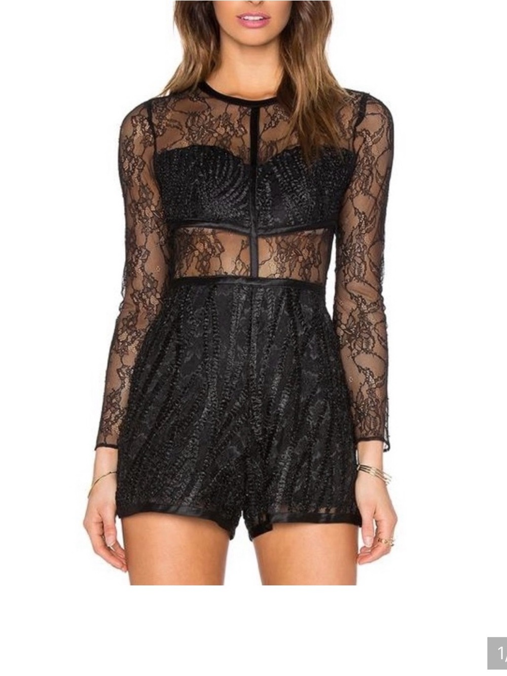 Black Lace Long-Sleeve Romper - Sheer Bodice